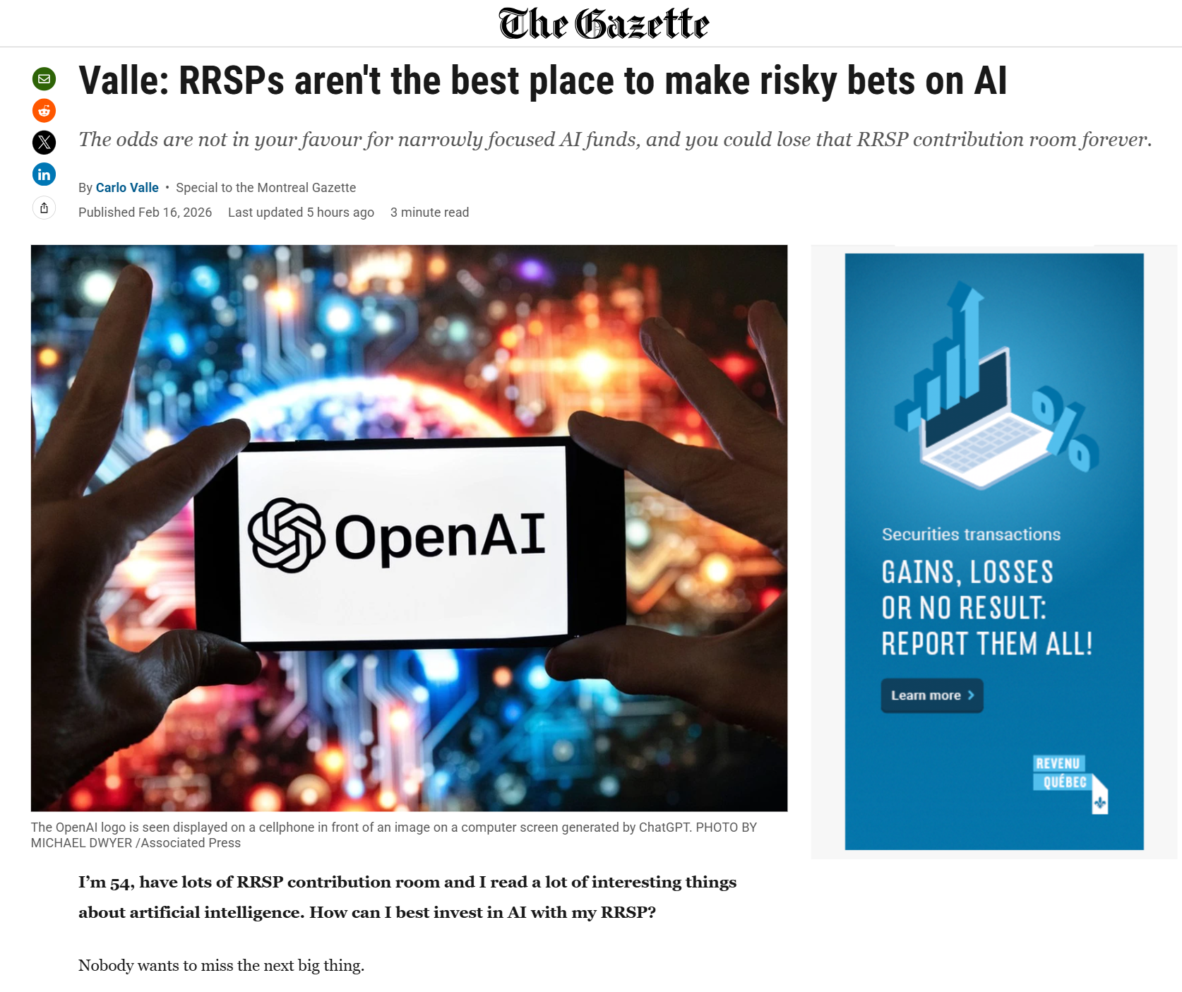 Q&A: RRSPs aren't the best place to make risky bets on AI
